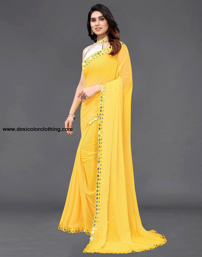 Yellow Georgette Mirror Work Saree
