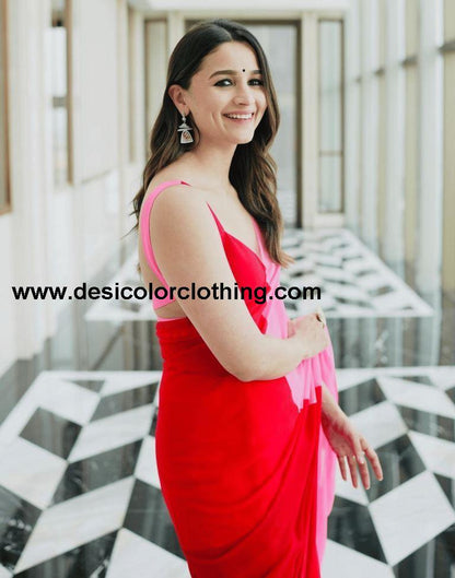 Alia Bhatt's Soft Georgette Red and Pink Saree