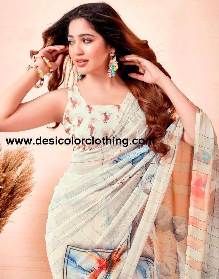 Cream Georgette Printed Sarees