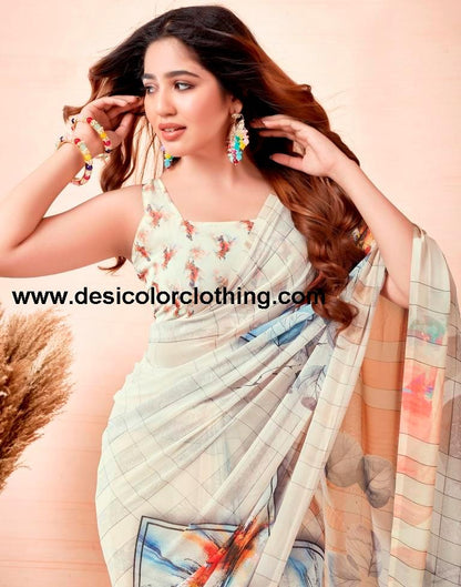 Cream Georgette Printed Sarees