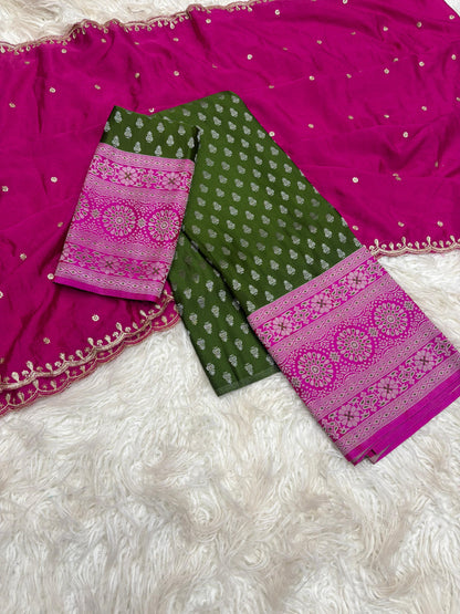 Product Image - Exquisite Pongal Special Designer Saree with Banarasi Border and Chiffon Dupatta - Festive Wear