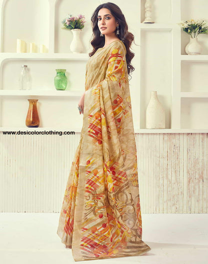 Beige Printed Cotton Geometric Saree