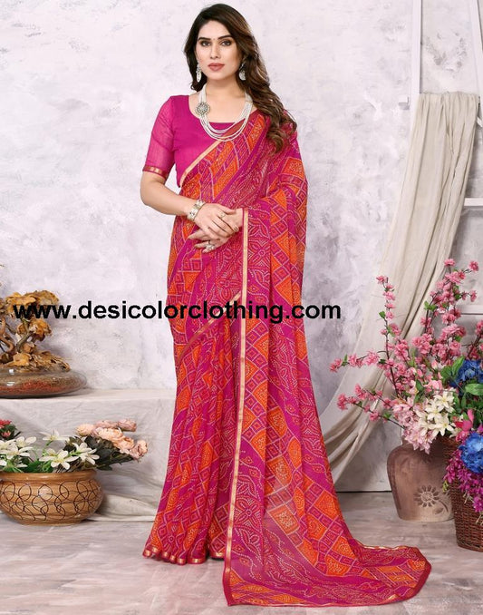 Orange Chiffon Bandhani Printed Saree