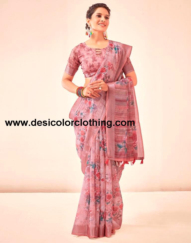 Rose Pink Linen Printed Sarees