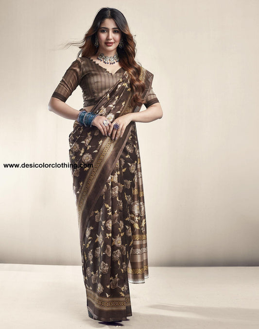 Dark Brown Printed Silk Saree