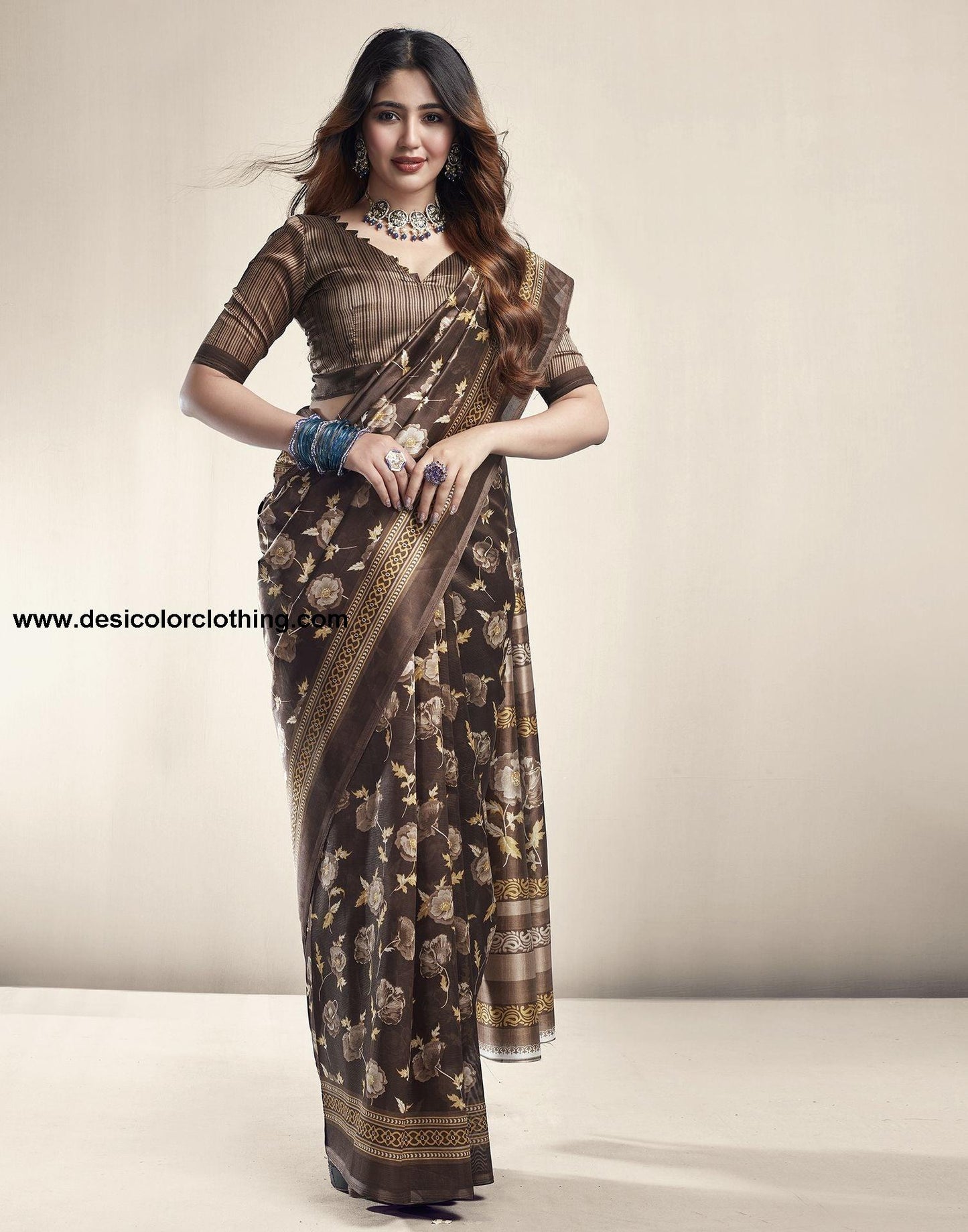 Dark Brown Printed Silk Saree