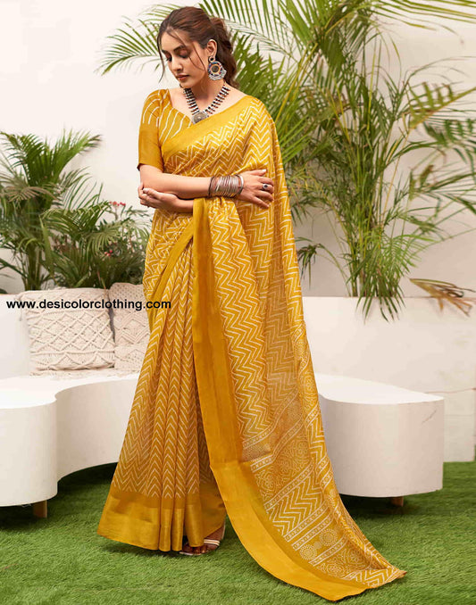 Turmeric Yellow Cotton Printed Saree