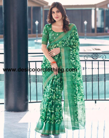 Sea Green Cotton Printed Saree