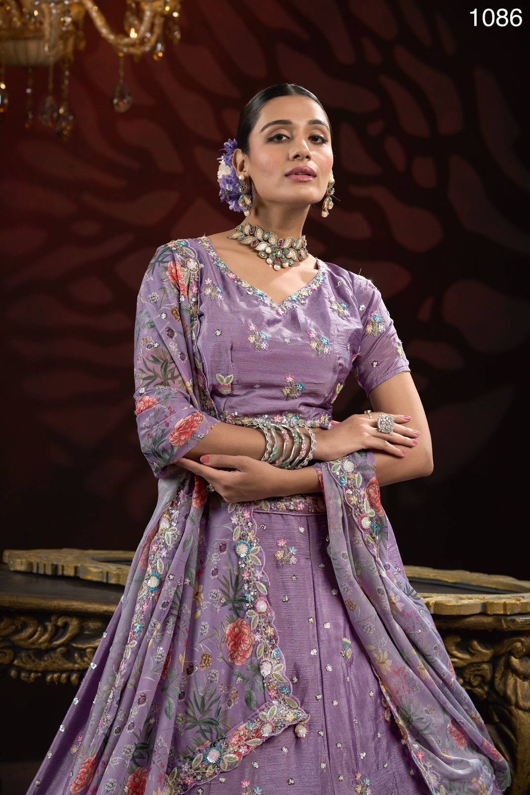 Product Image - Alluring Look Designer Embroidery and Flower Pattern Dupatta Lehengacholi