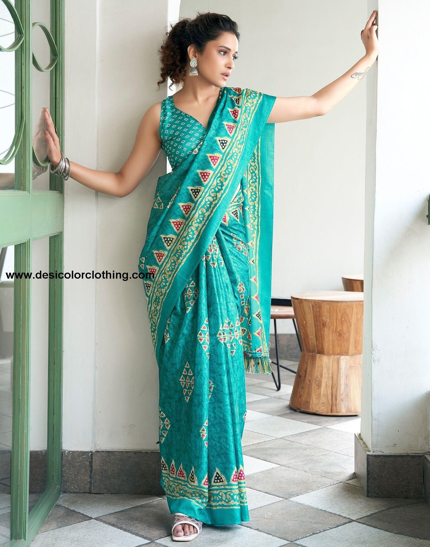 Turquois Printed Silk Saree