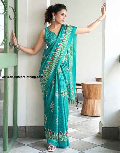 Turquois Printed Silk Saree