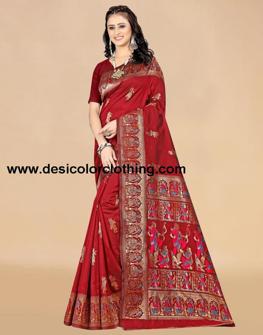 Red Paithani Silk Plain Saree