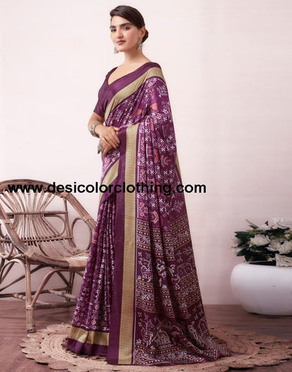 Deep Purple Silk Printed  Saree