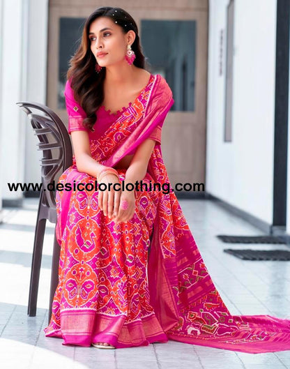 Rani Pink Silk Printed Saree