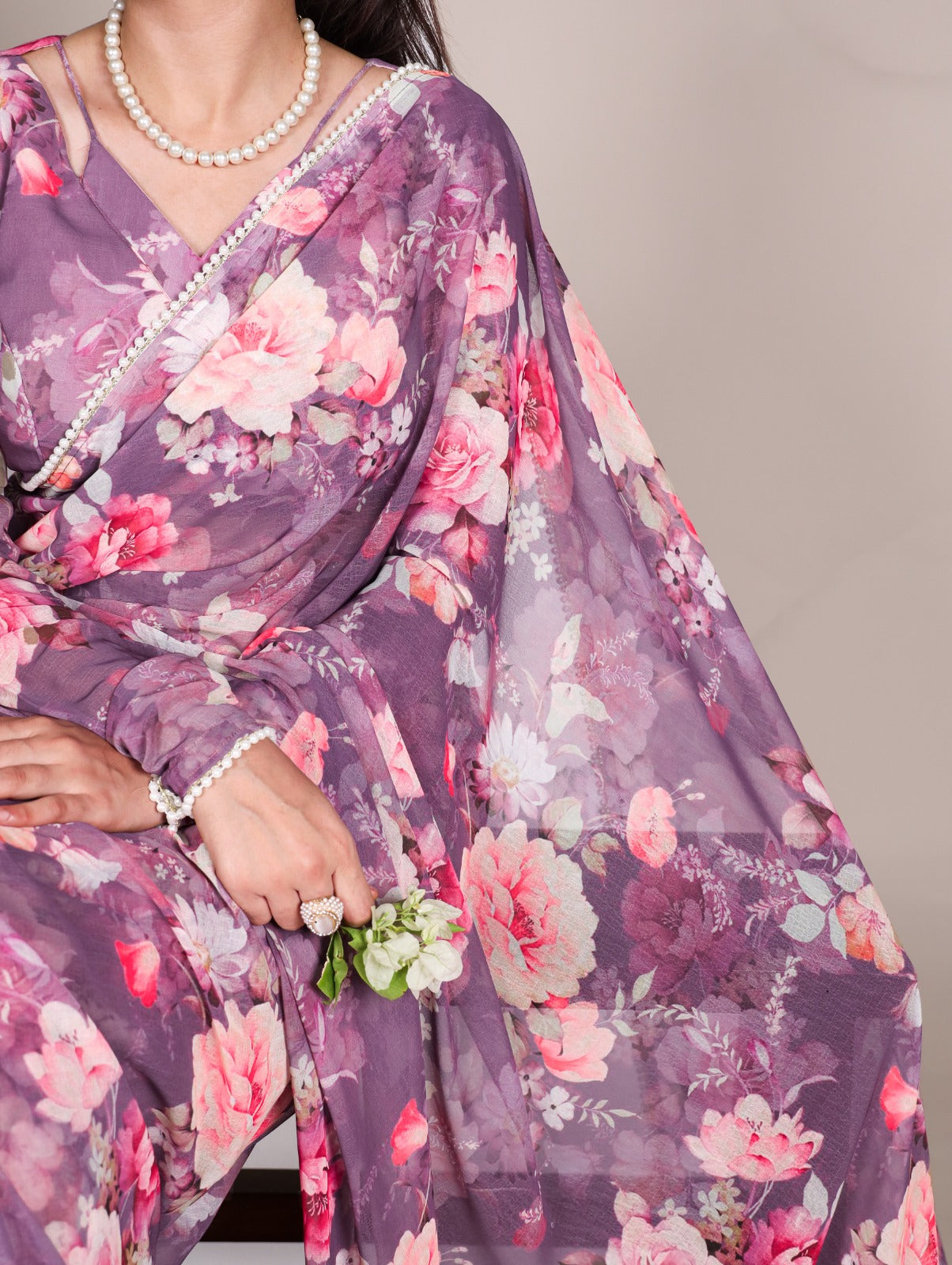 Product Image - Elegant Weightless Marbal Georgette Saree with Pearl Lace Border