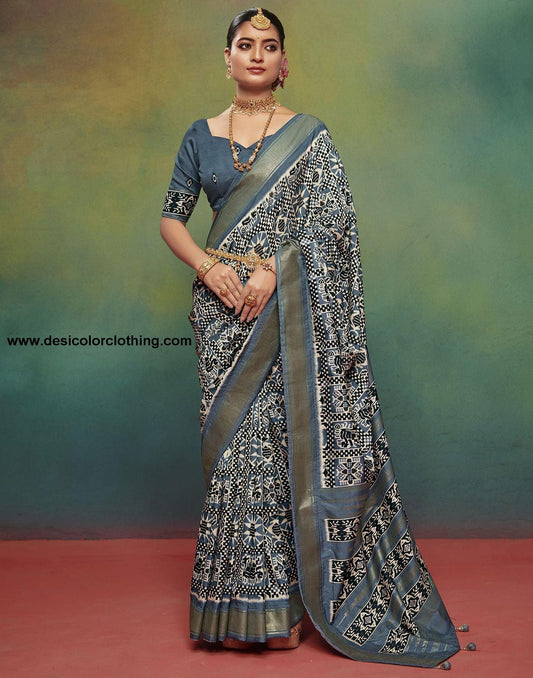 Dusty Blue Printed Silk Saree