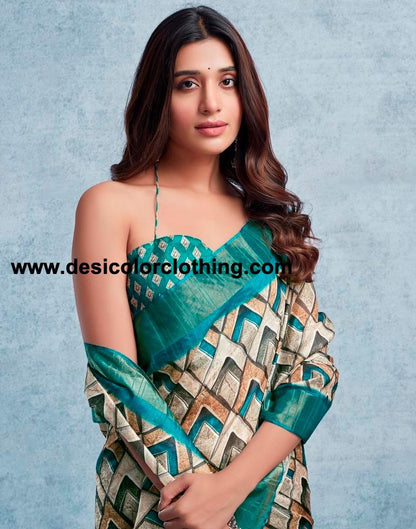 Rama Green Silk Printed  Saree