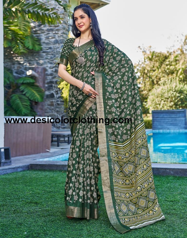 Dark Green Silk Printed Saree