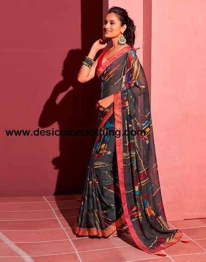 Dark Grey Chiffon Printed Saree