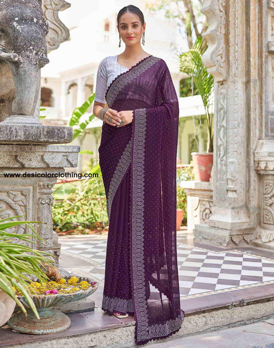Wine Swarovski Georgette Stone Work Saree