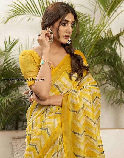 Yellow Cotton Printed Saree