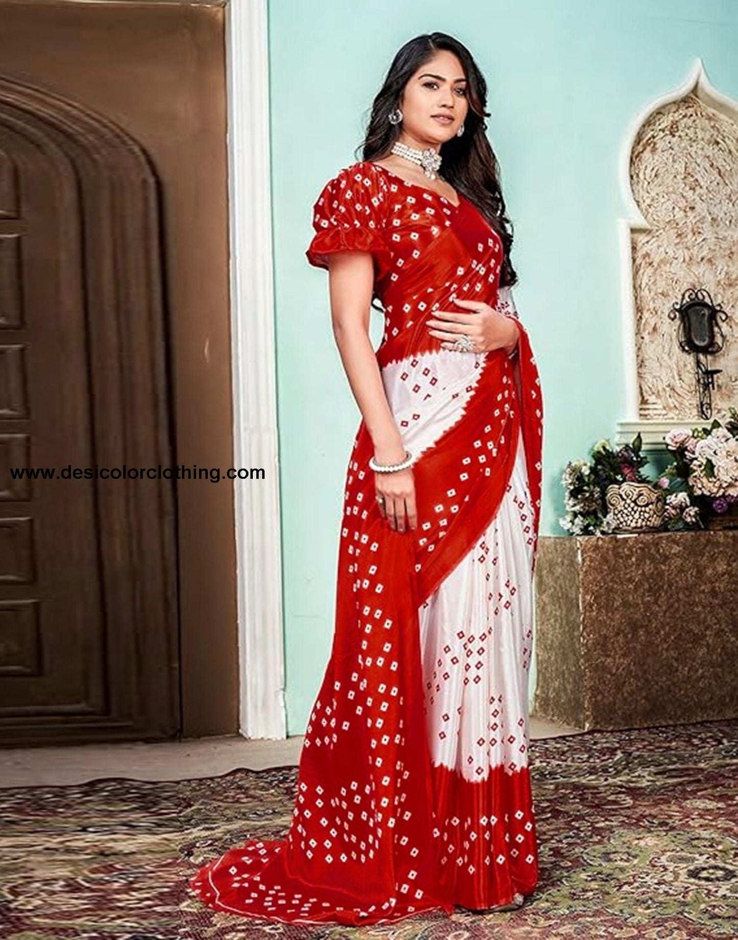 Red Printed Chiffon Saree