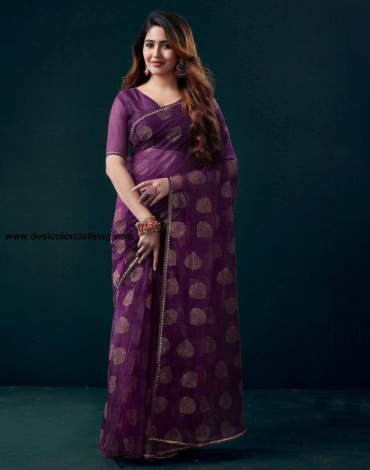 Purple Net Plain Saree