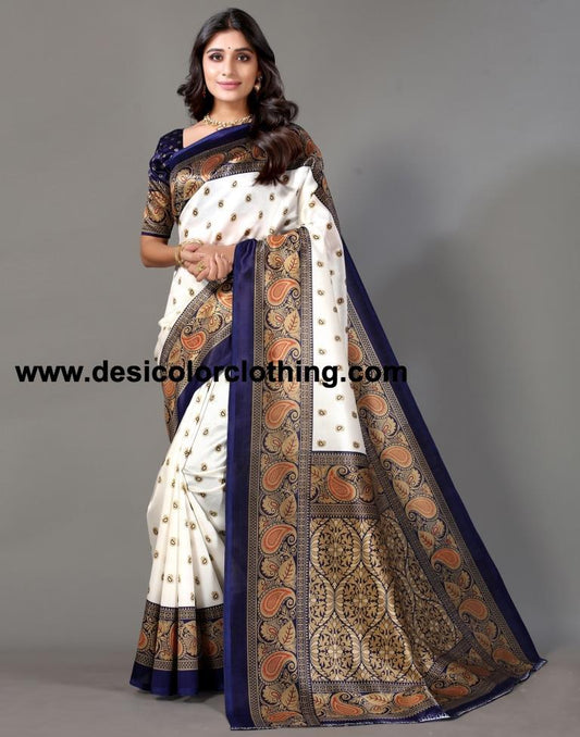 White Printed Silk Saree