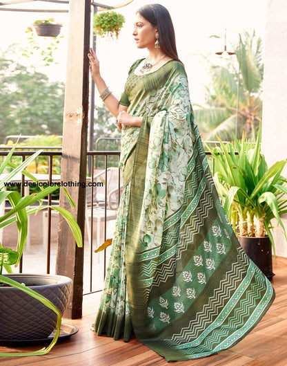 Cream Printed Silk Saree