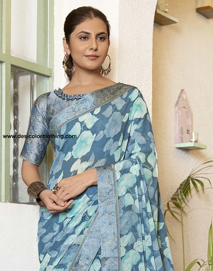 Blue Georgette Printed Saree