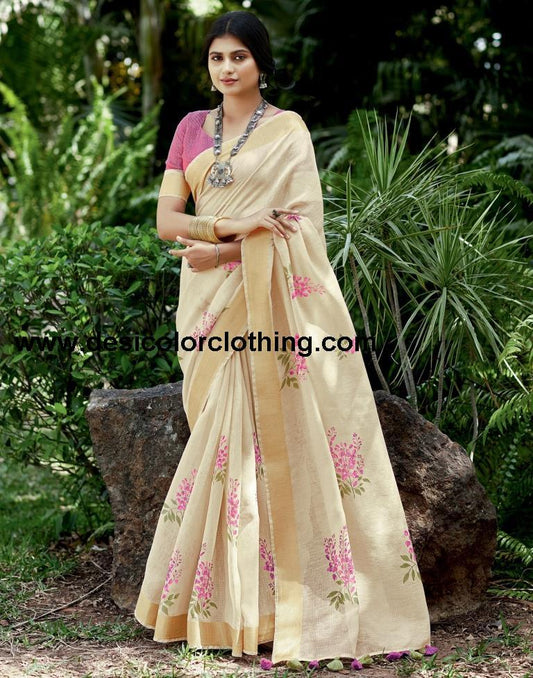 Cream Cotton Printed  Saree