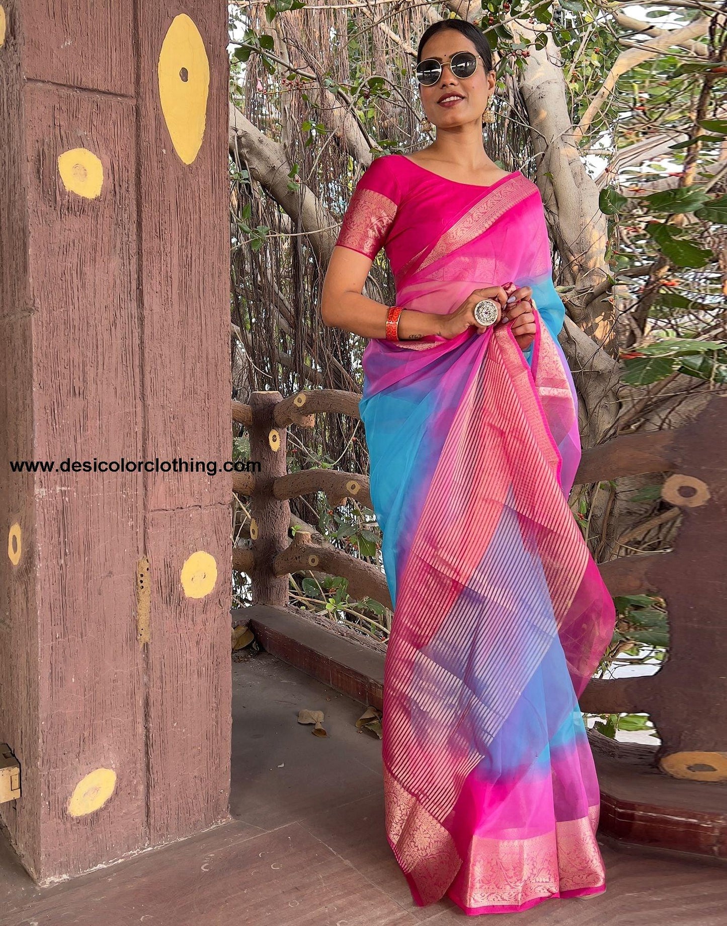 Rani Pink Plain Organza Saree