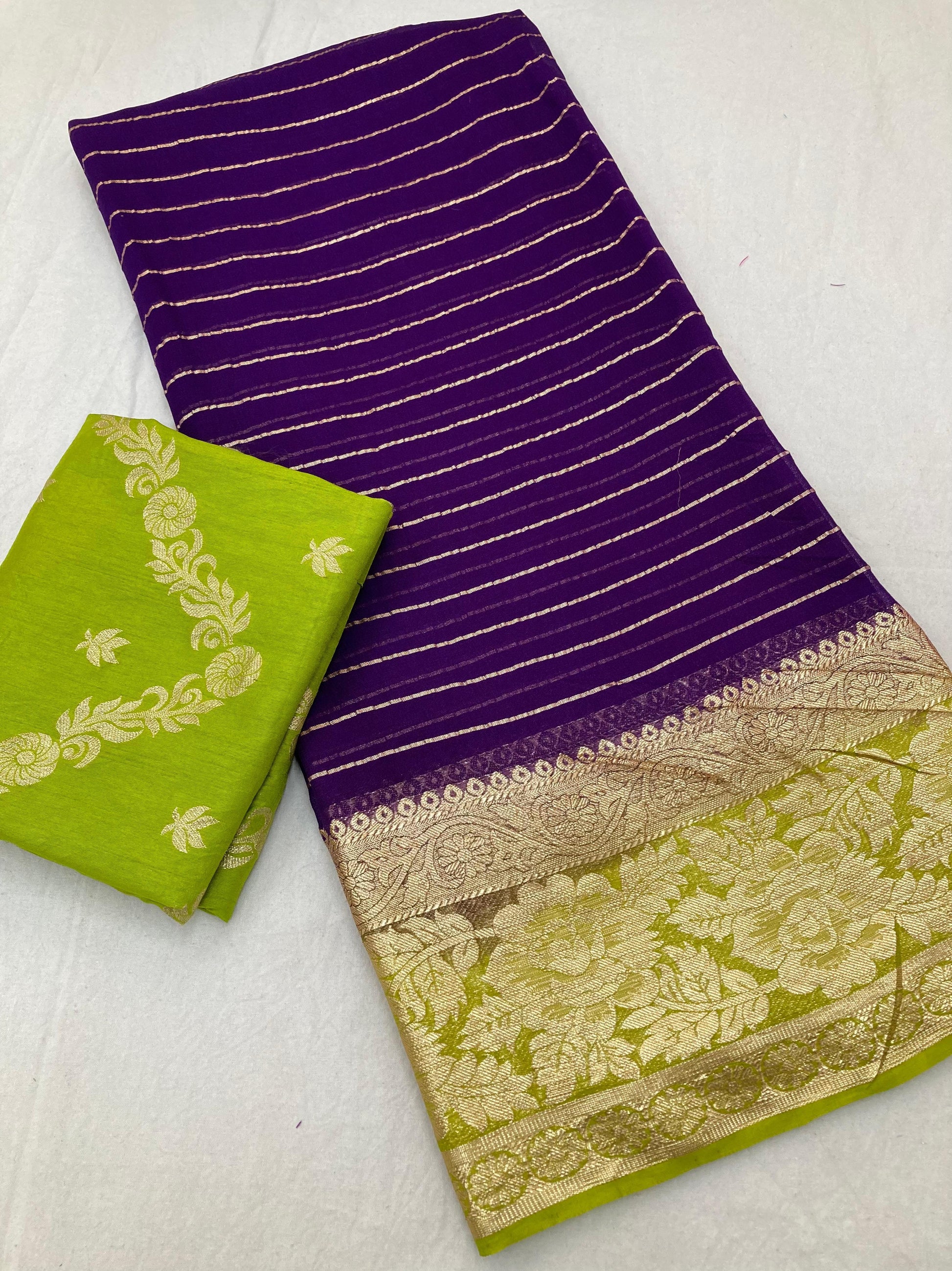Product Image - Viscose Georgette Saree with Contrast Dola Banarasi Blouse | Designer Wedding & Festive Wear