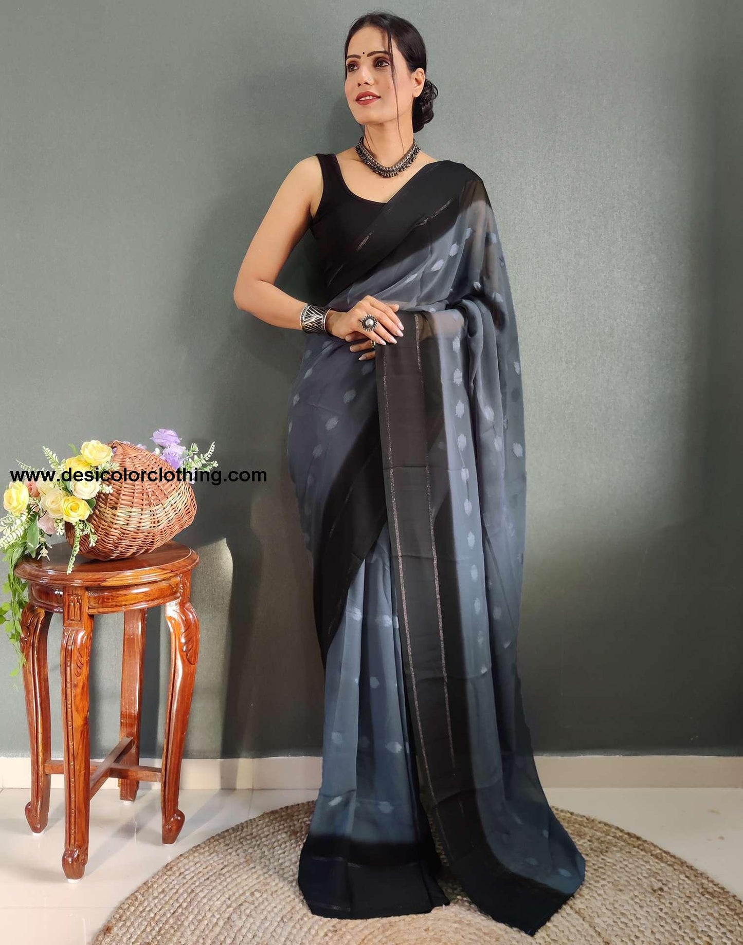 Steel Blue Plain Georgette Pre-draped Saree