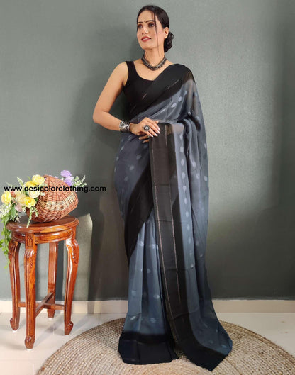 Steel Blue Plain Georgette Pre-draped Saree