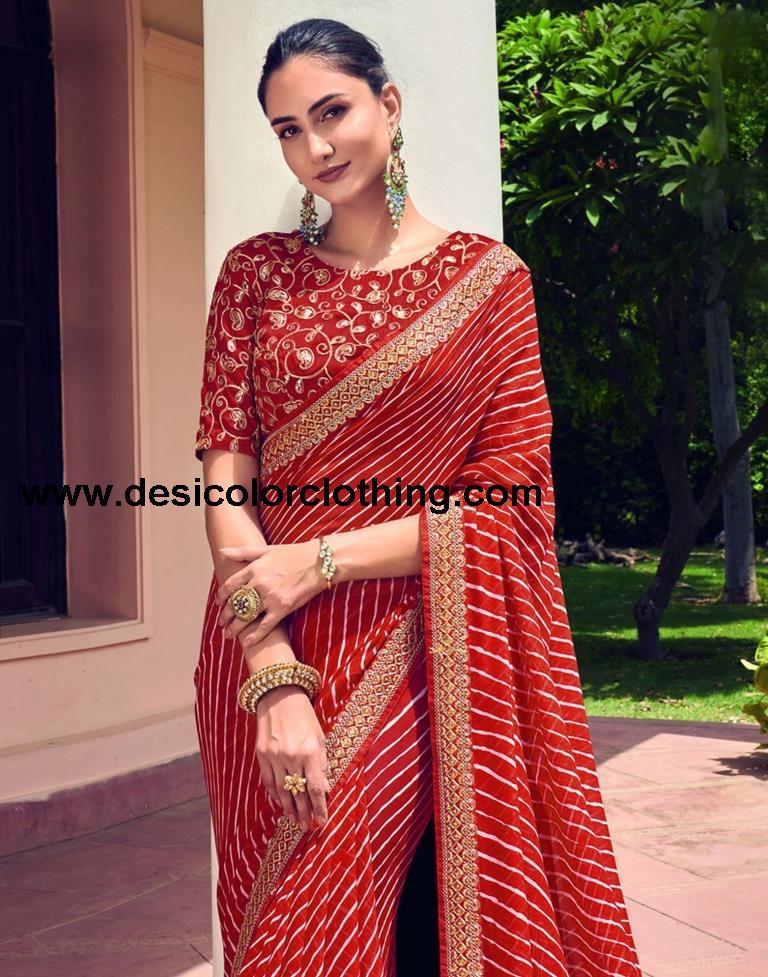 Red, White Georgette Saree