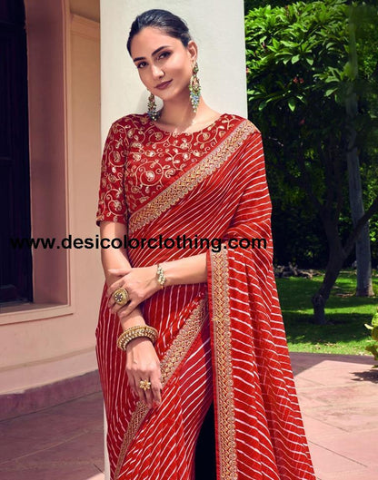 Red, White Georgette Saree