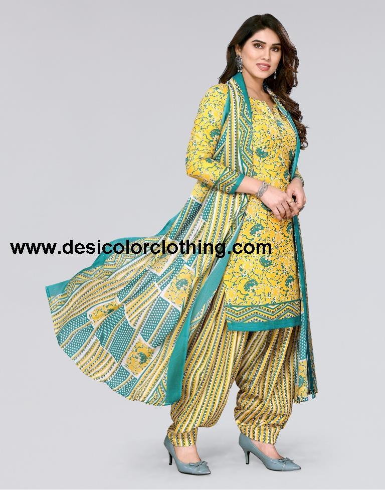 Yellow Printed Cotton Unstitched Salwar Suit Material