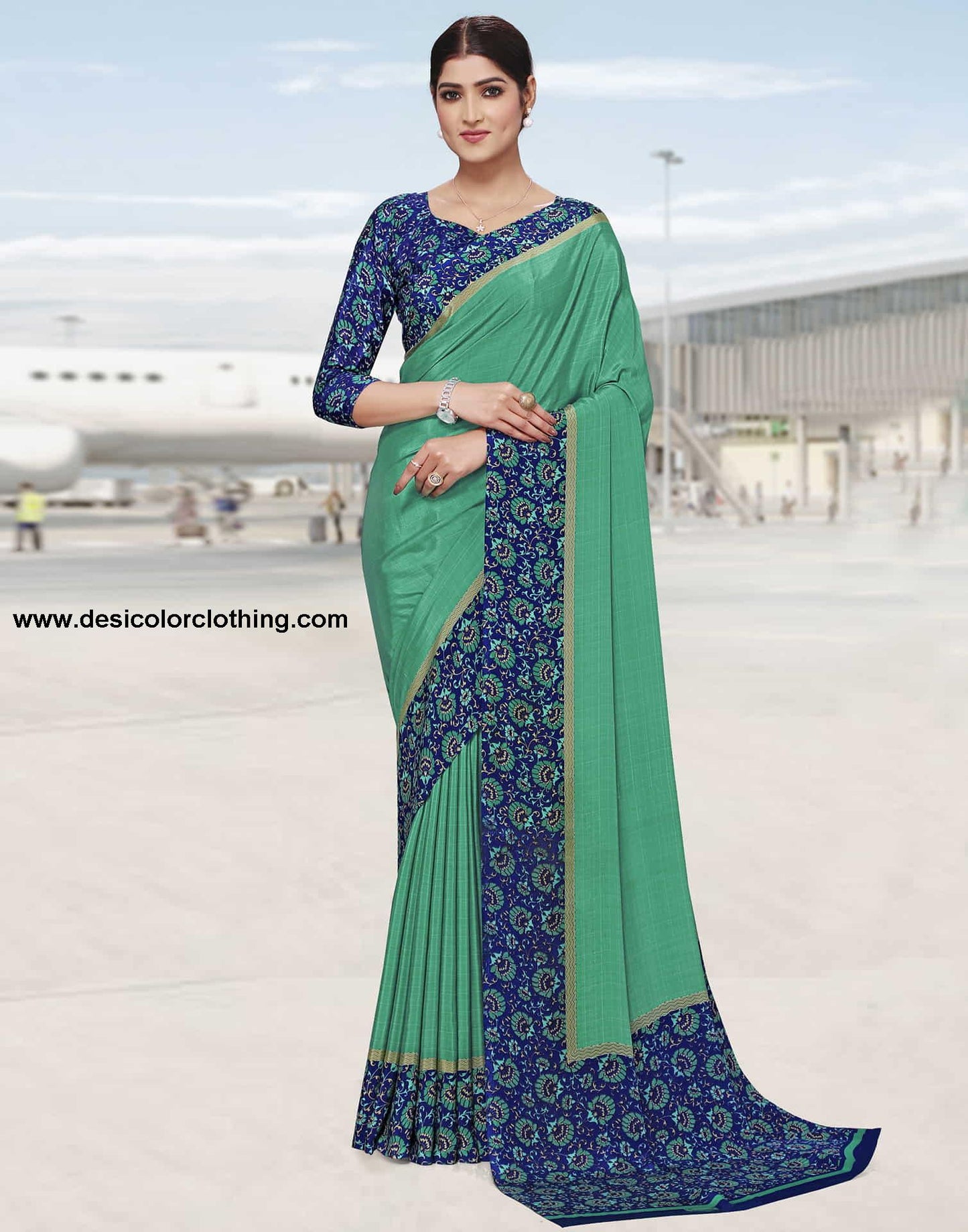 Teal Green Polyester Printed Saree