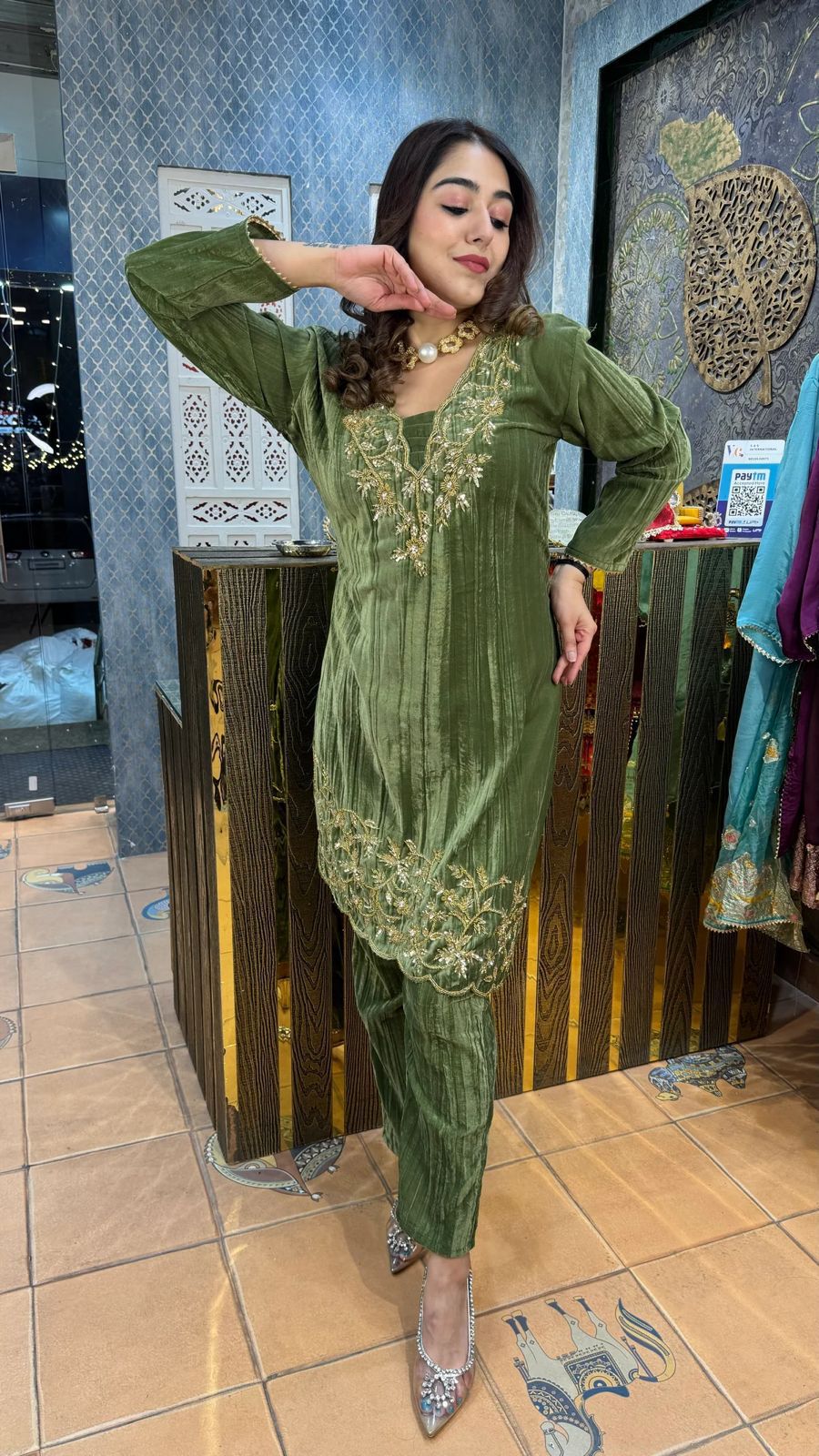 Product Image - Designer Blooming Velvet Embroidery Work Suit with Pant