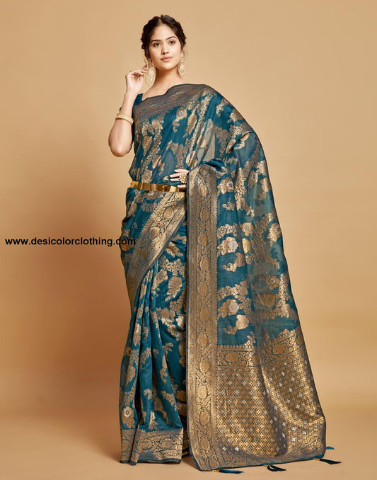 Teal Blue Linen Saree