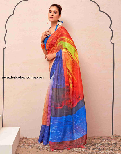 Blue Cotton Printed Saree