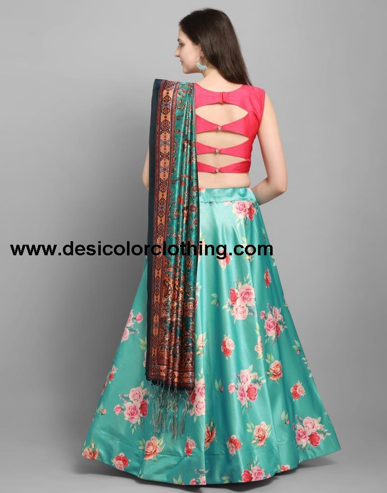 Refreshing Teal Coloured Poly Silk Digital Printed Casual Wear Lehenga | SLV102L10172