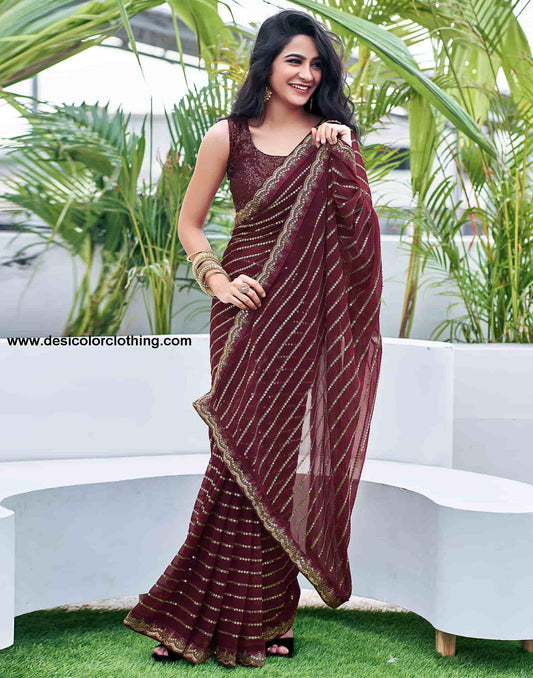 Brown Georgette Sequence Saree