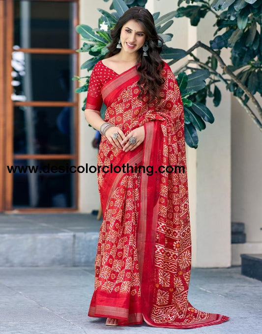Cherry Red Printed Cotton Saree