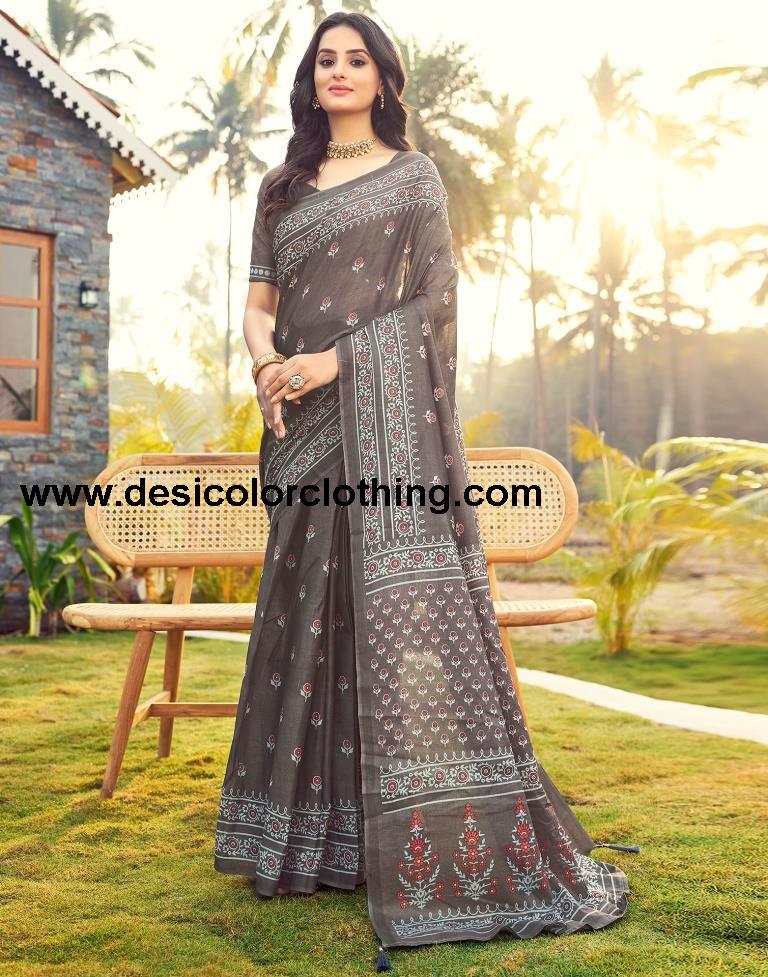 Stone Grey Cotton Printed Ready To Wear
