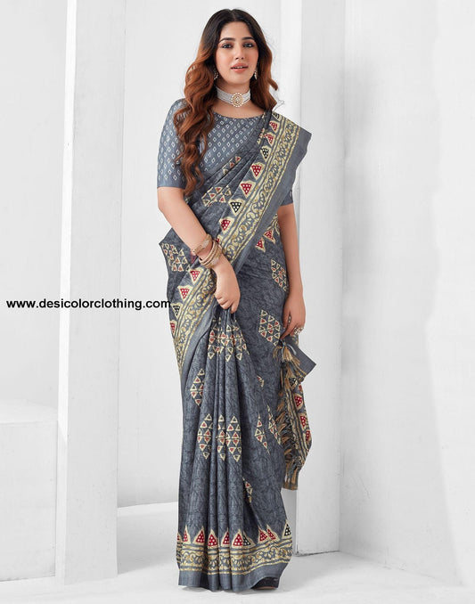 Steel Grey Printed Silk Saree