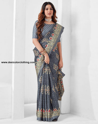 Steel Grey Printed Silk Saree