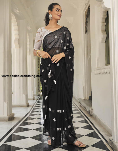 Black Printed Georgette Embroidery Saree