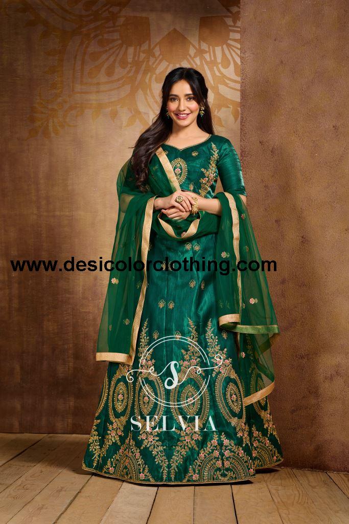 Bottle Green Coloured Poly Silk Embroidered Partywear Lehenga  | SLV125L10495